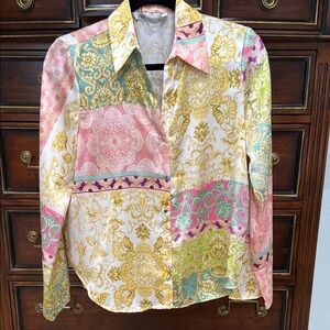 Zara Pink and Green Graphic Button Down Blouse